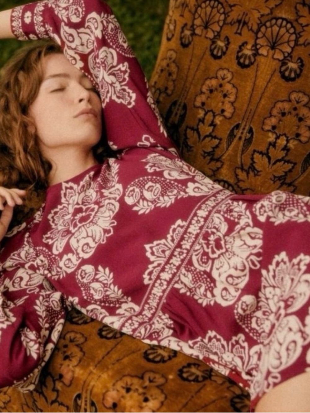 Sezane Burgundy and Cream Paisley Long-Sleeve Dress